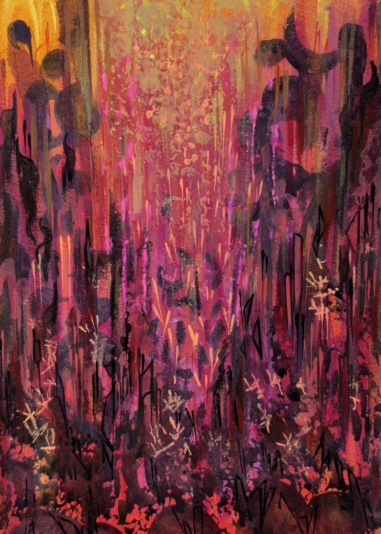 Abstract painting with vertical streaks and splashes of pink, red, orange, yellow, and black colors, creating a vibrant and dynamic composition.