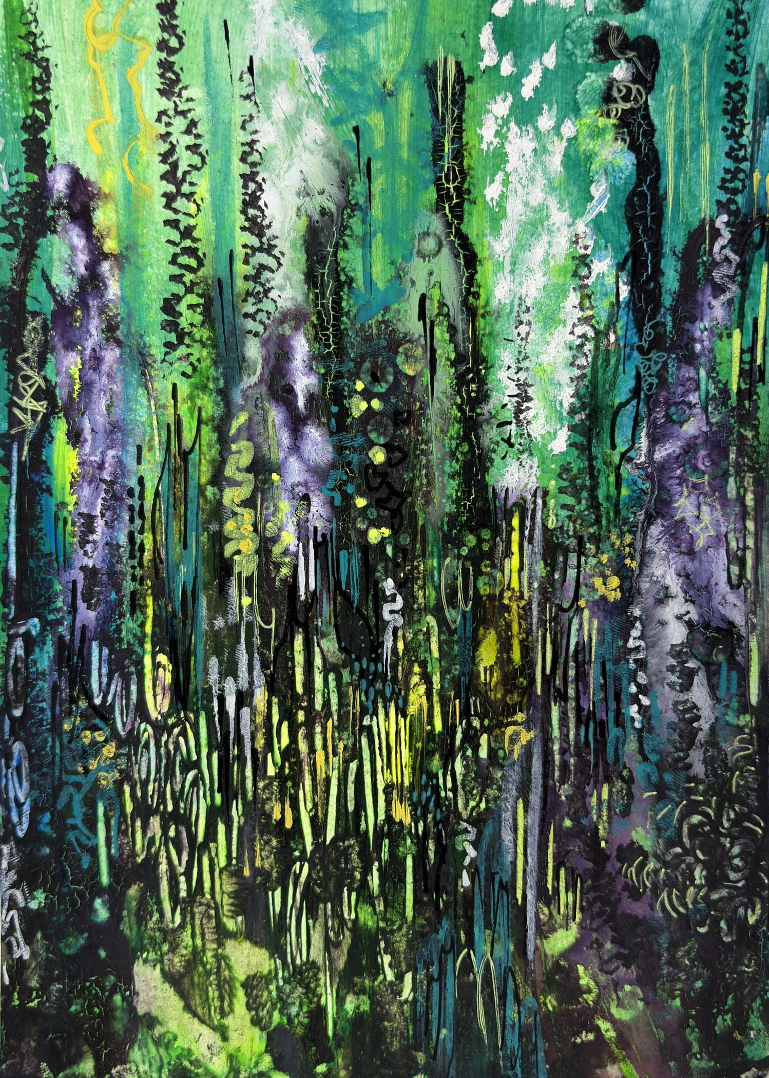 Abstract painting with streaks and splashes of vibrant green, purple, black, yellow, blue, white, and hints of yellow, creating a dynamic and textured composition.