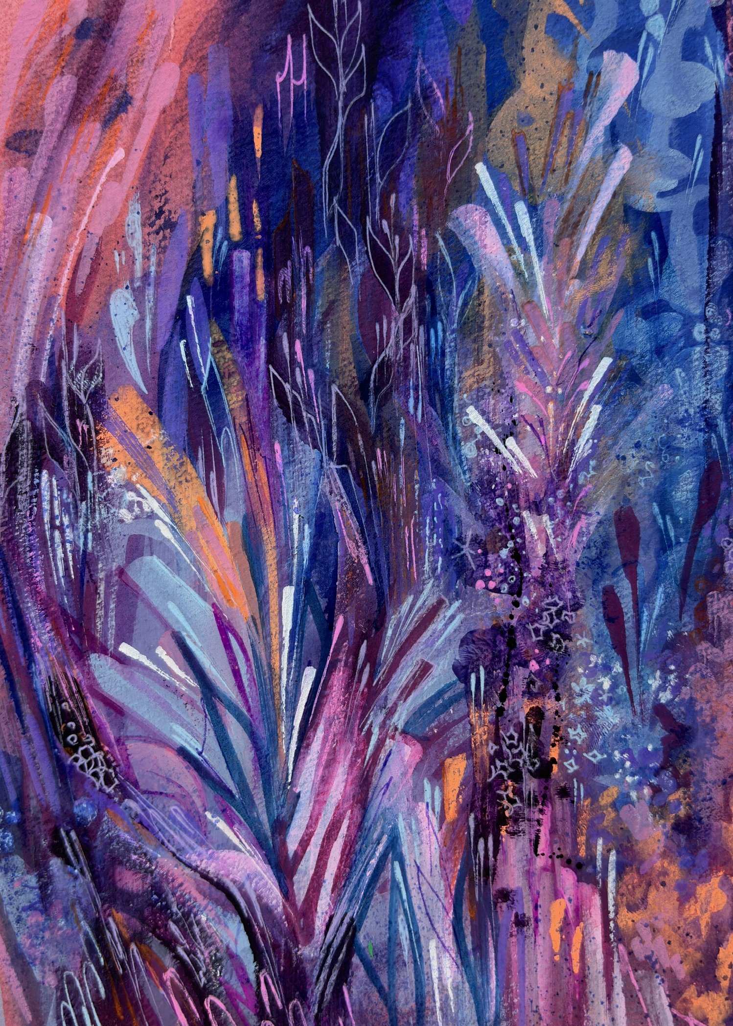 Abstract colorful painting with shades of purple, pink, orange, and blue depicting a stylized explosion or burst of flowers or fireworks.