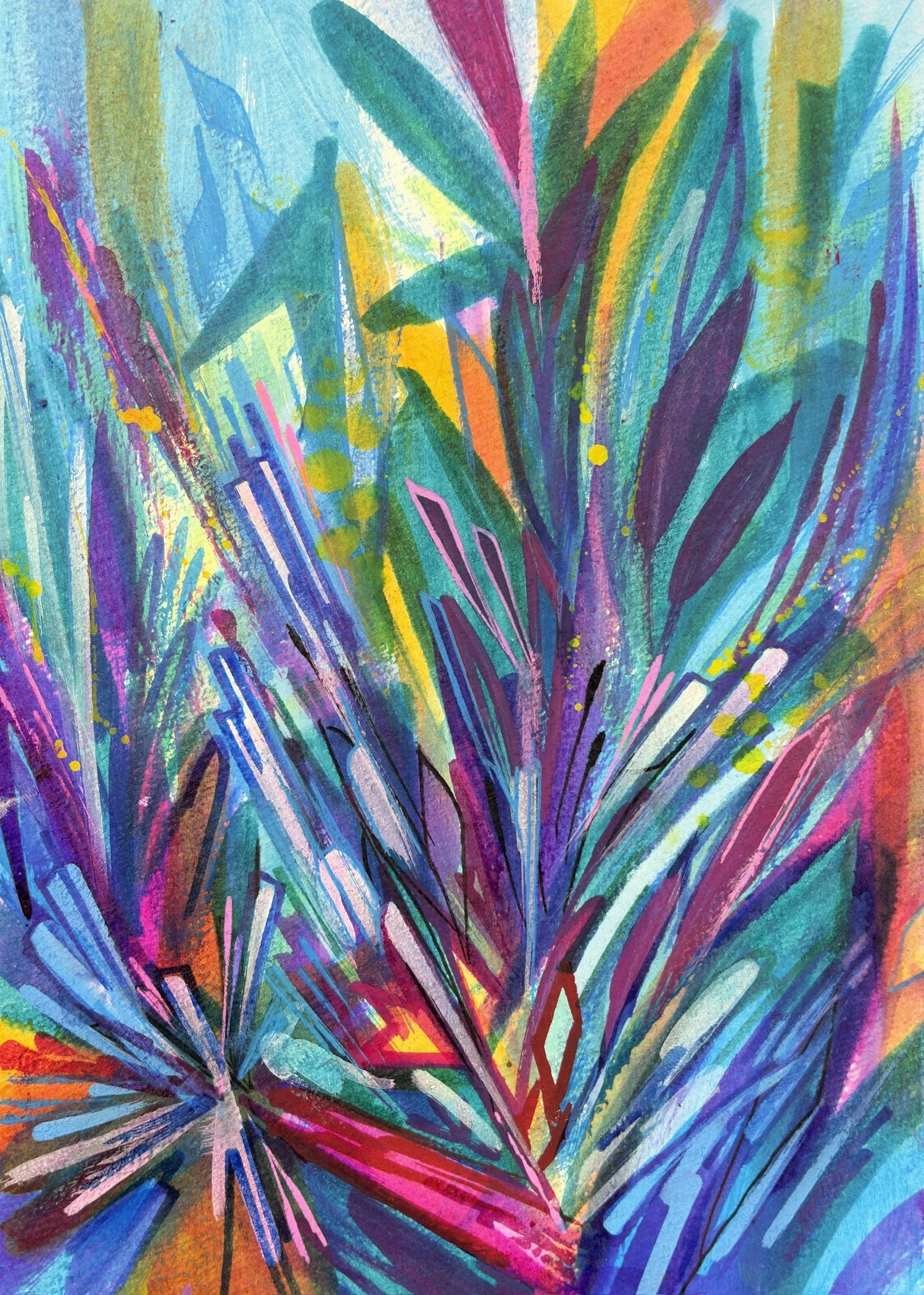 Abstract colorful painting with sharp lines and vibrant colors including blue, purple, pink, yellow, green, and orange, resembling fireworks or bursts of color.