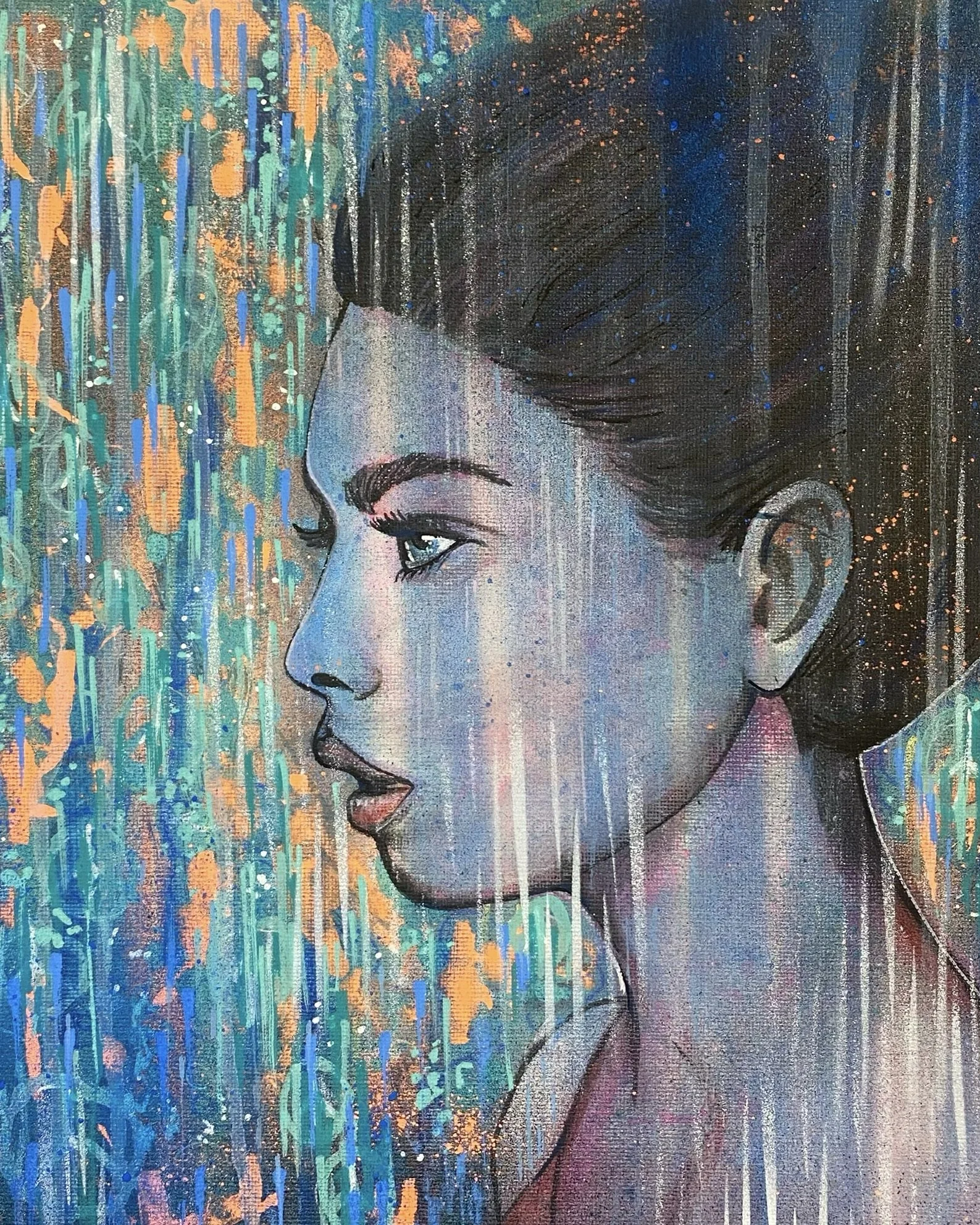 A detailed portrait of a woman in profile, featuring artistic streaks and splatters of vibrant colors like orange, green, blue, and purple, creating a textured, abstract background.