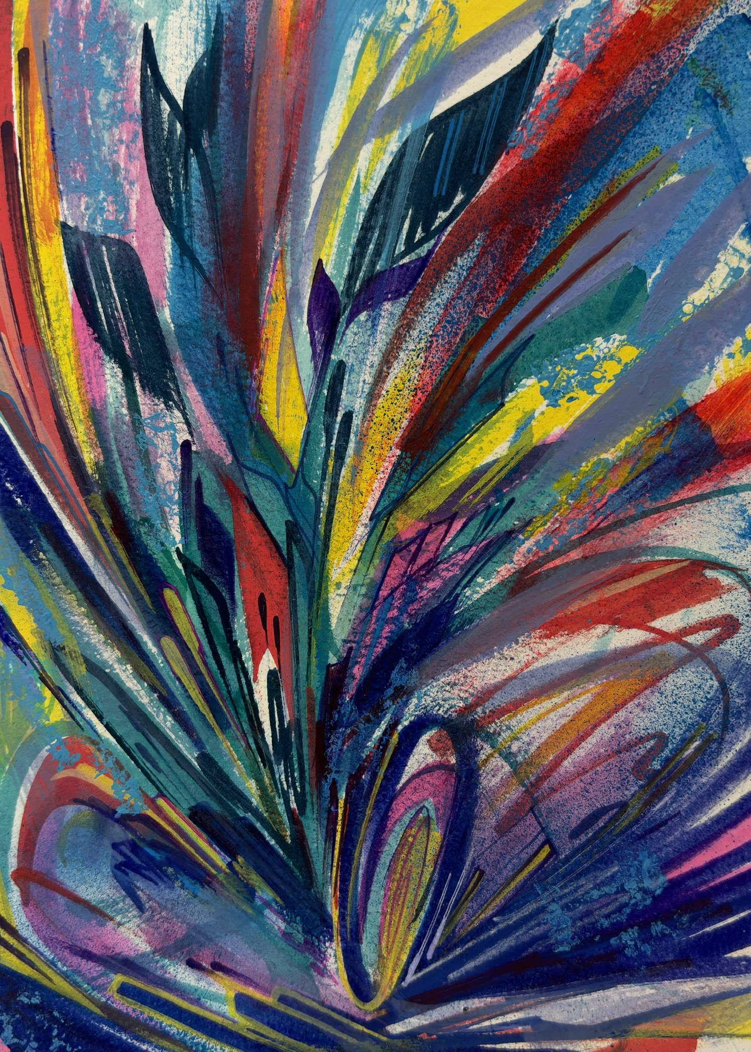 A colorful abstract painting with vibrant streaks of blue, red, yellow, purple, and pink, creating a dynamic, energetic composition.