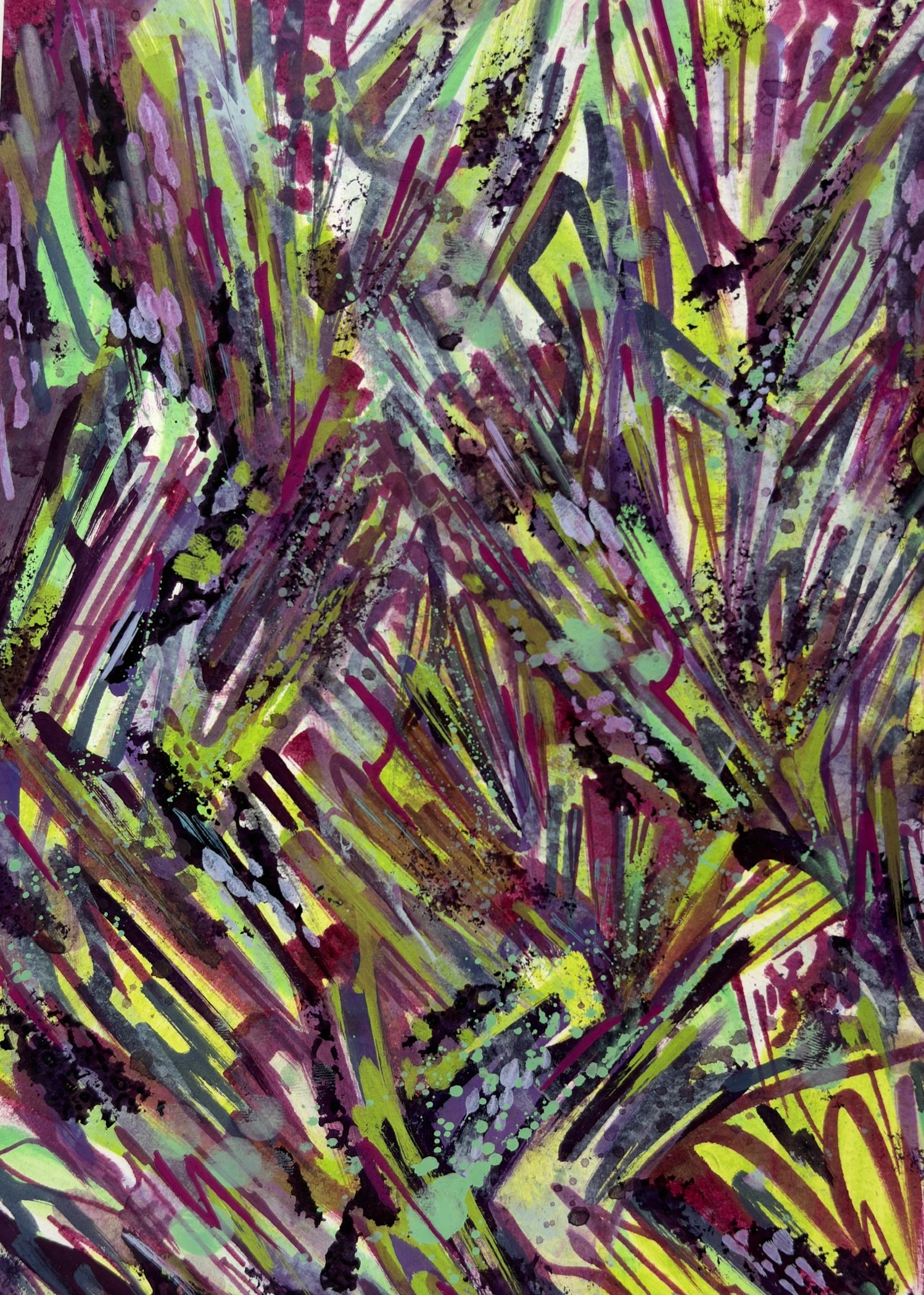 Abstract expressionist painting with bold streaks and splashes of neon green, purple, yellow, black, and hints of blue. Energetic brush strokes and splatters create a vibrant, chaotic composition.