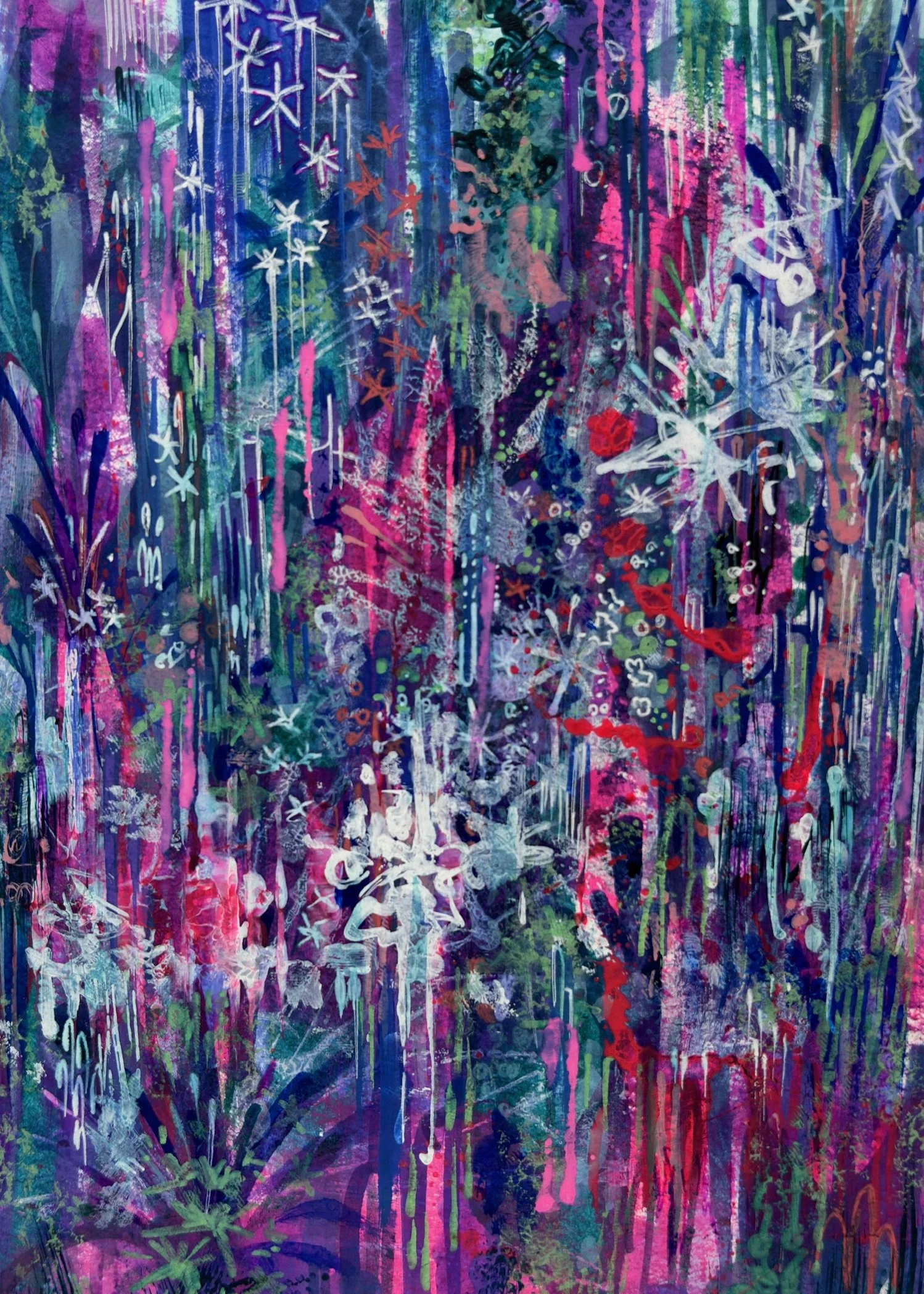 Abstract, colorful artwork with bright streaks, splatters, and scribbles in shades of purple, pink, blue, green, and white.