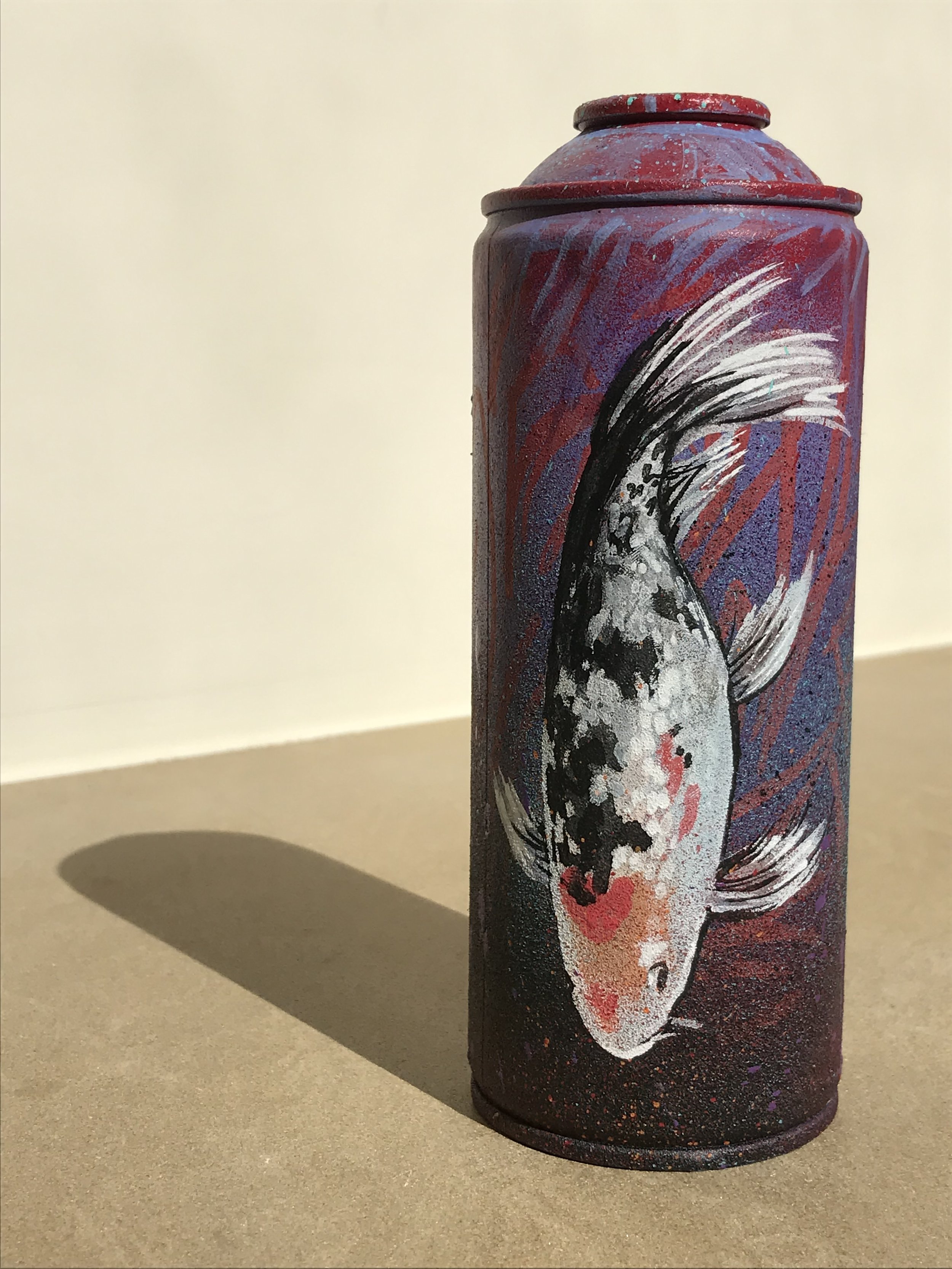 Koi carp on recycled spray can, Spray paint and acrylic, 2022