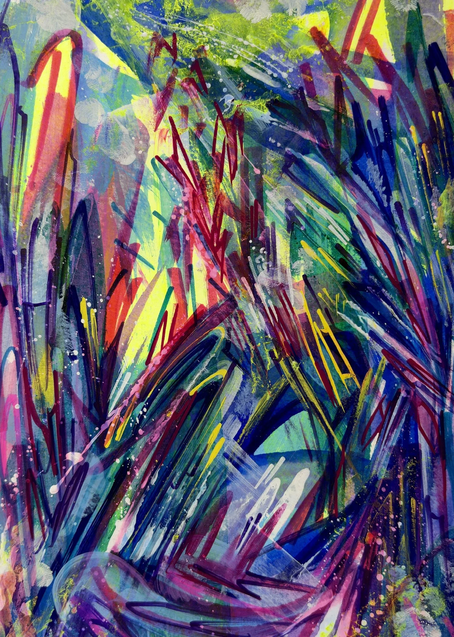 Abstract colorful painting with streaks of pink, purple, blue, green, yellow, and white, featuring splatters and overlapping lines.