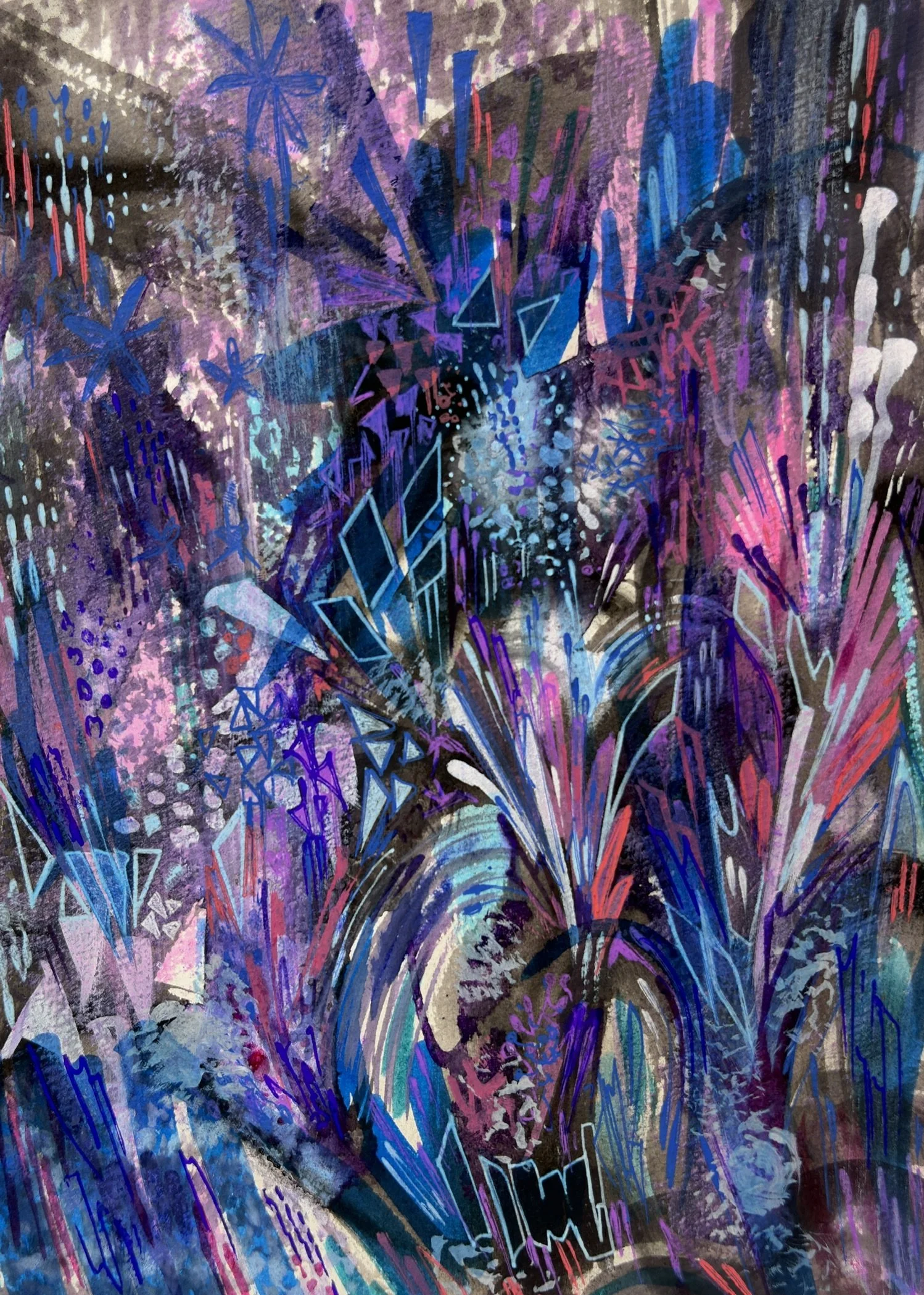 Abstract graffiti art with purple, blue, pink, red, and black colors, featuring various shapes, lines, and patterns.