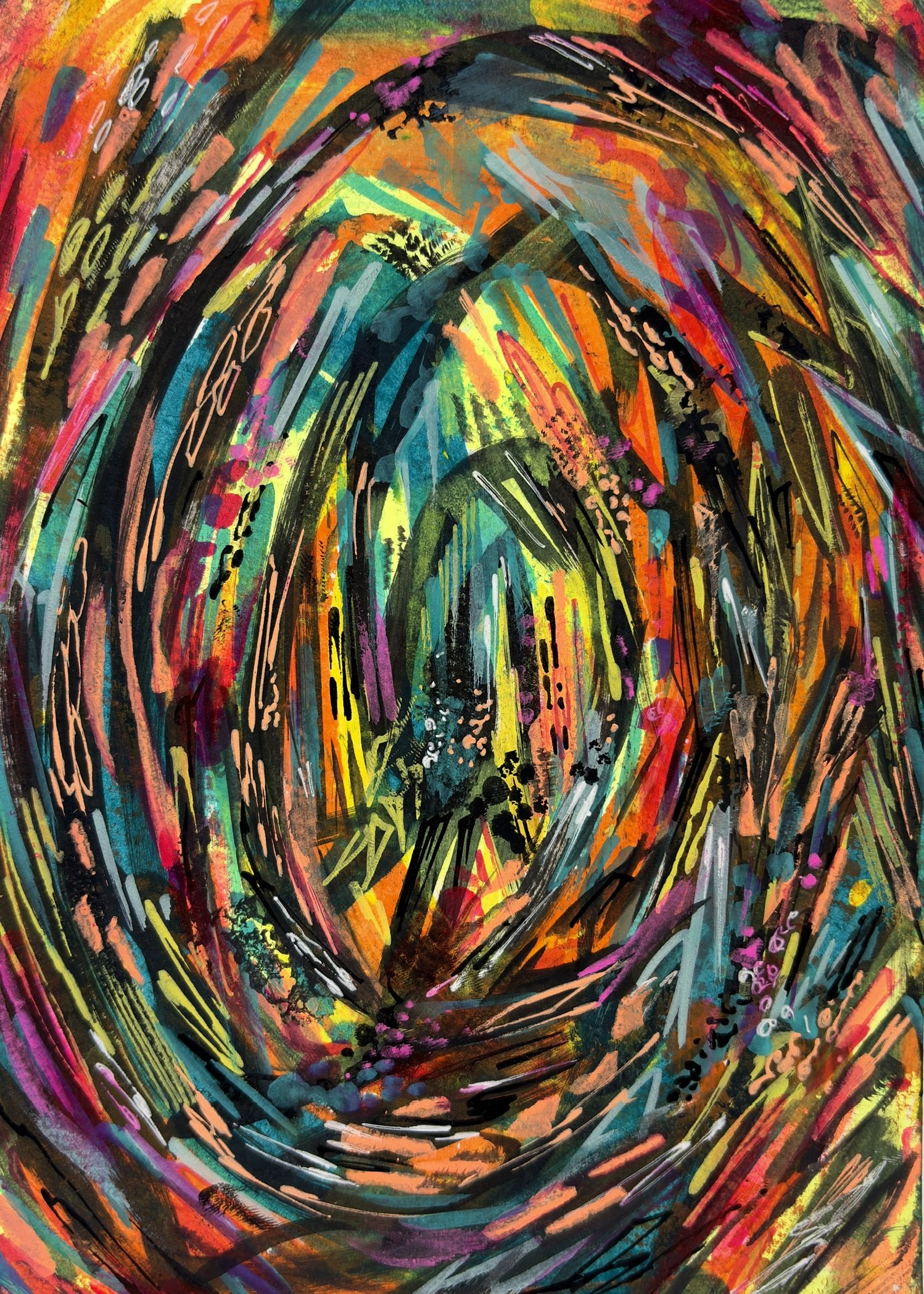 An abstract painting with vibrant colors including black, orange, yellow, green, purple, and pink. The artwork features swirling and sweeping brushstrokes creating a dynamic, energetic composition.