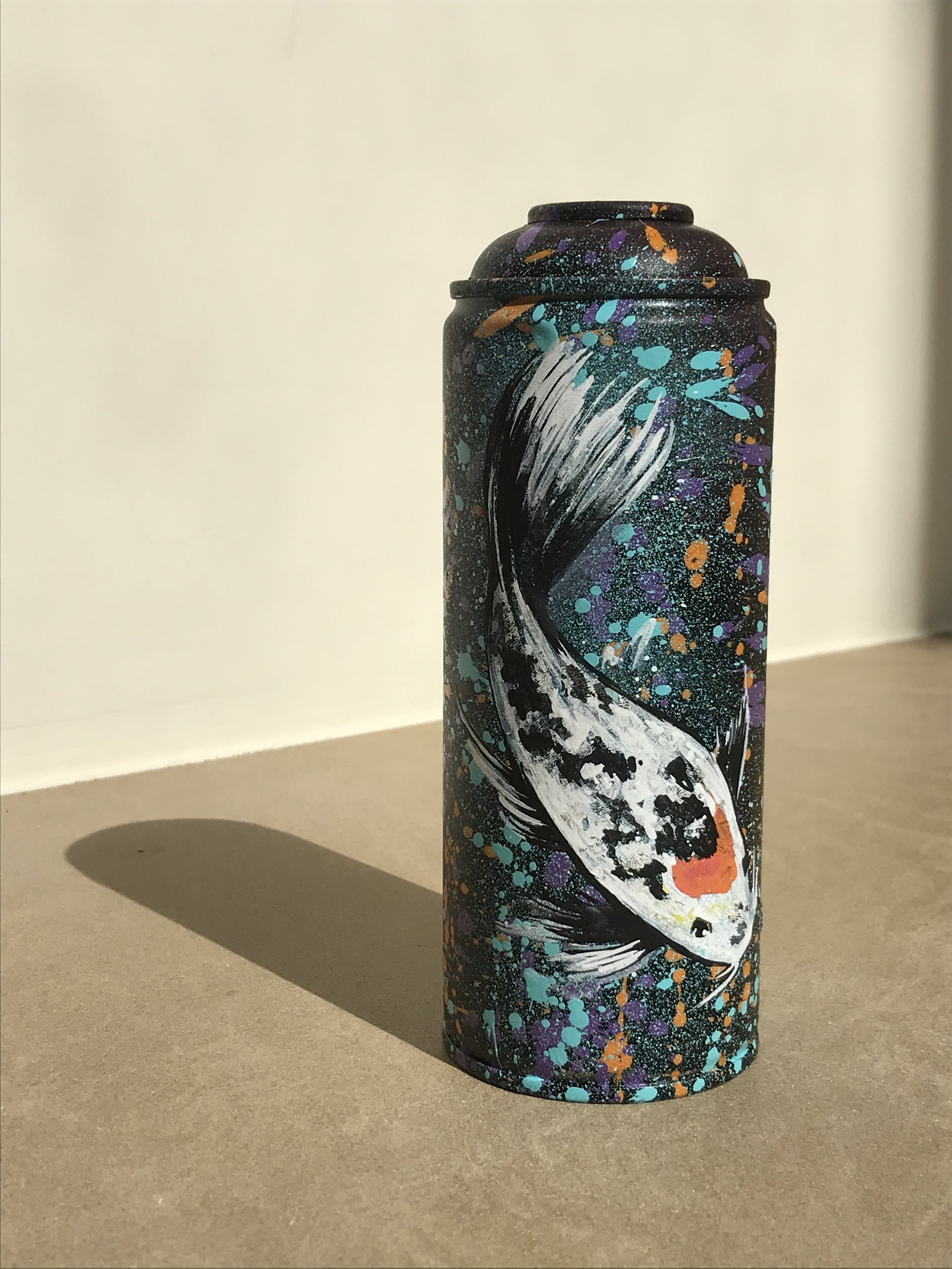 Koi carp on recycled spray can, Spray paint and acrylic, 2022