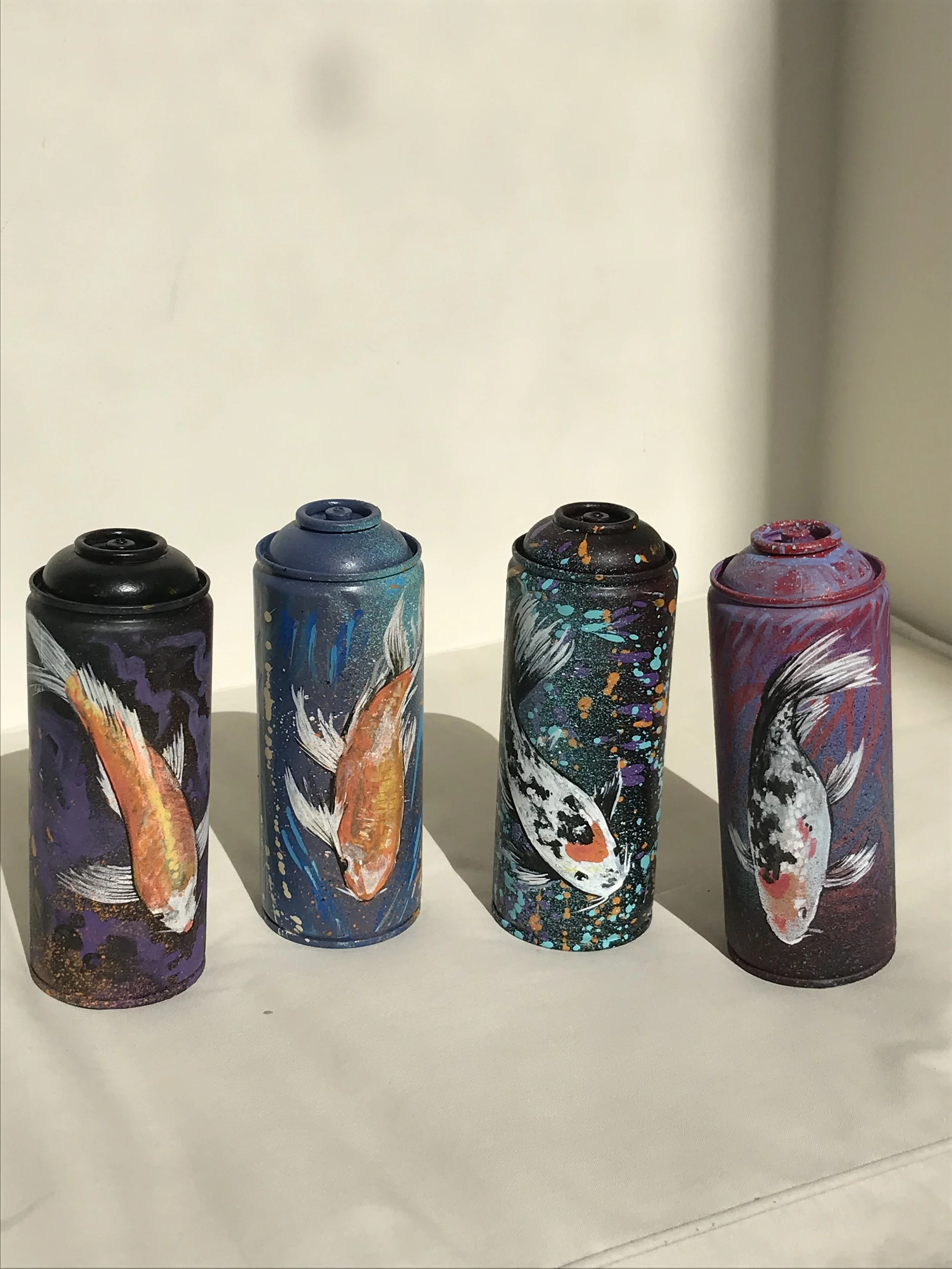 Koi carps on recycled spray cans, Spray paint and acrylic, 2022