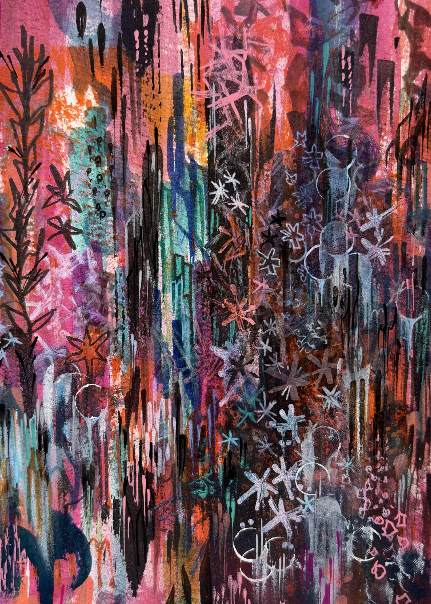 Abstract colorful painting featuring dripping paint, floral and star-shaped stencils, with shades of pink, orange, blue, black, and white.