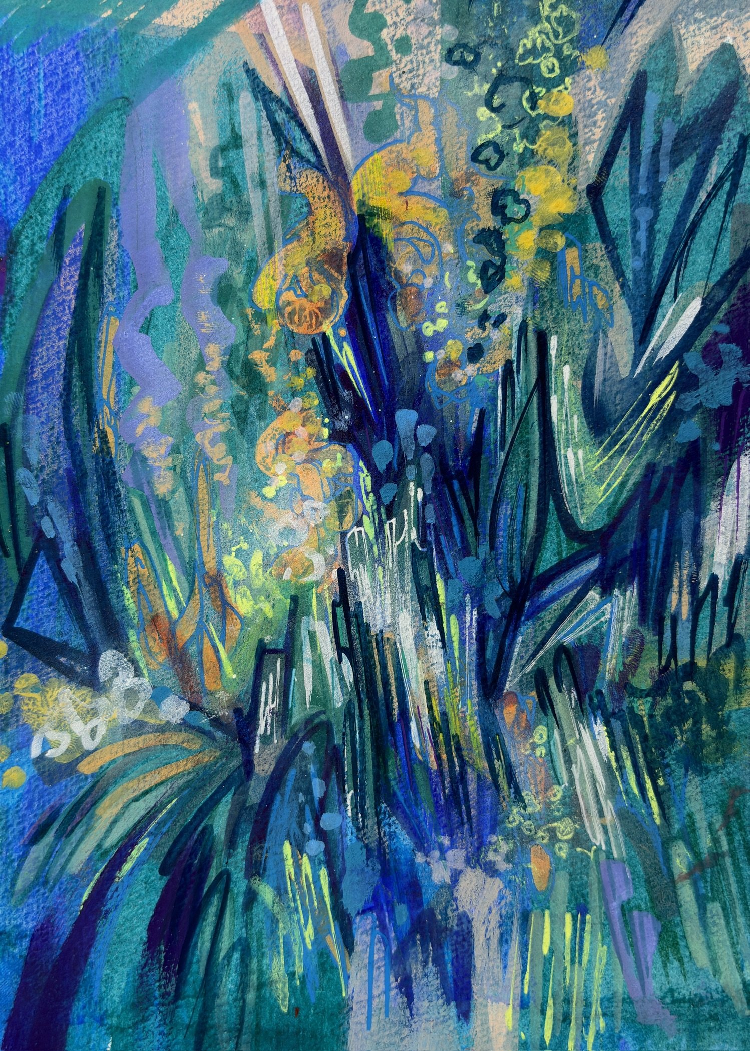 An abstract painting with vibrant shades of blue, green, yellow, orange, and purple. It features expressive brushstrokes, lines, and dots, creating a dynamic and colorful composition.