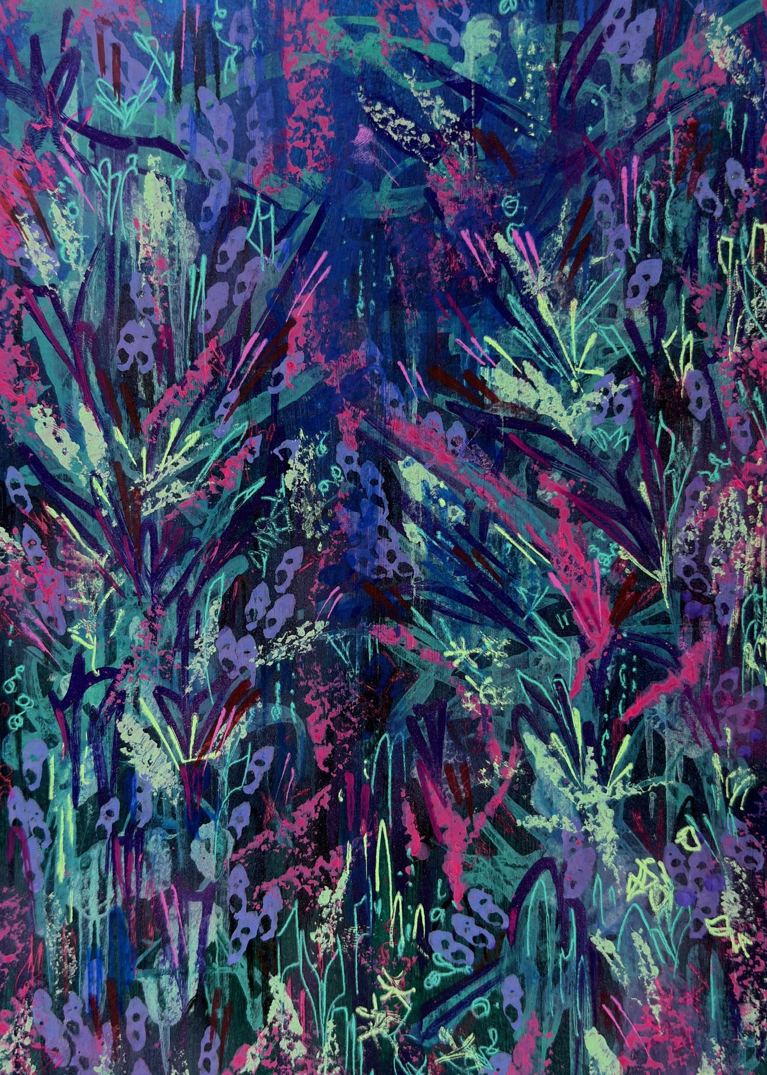Abstract neon-colored artwork with various plant-like shapes, splashes, and lines in shades of purple, pink, blue, green, and yellow.