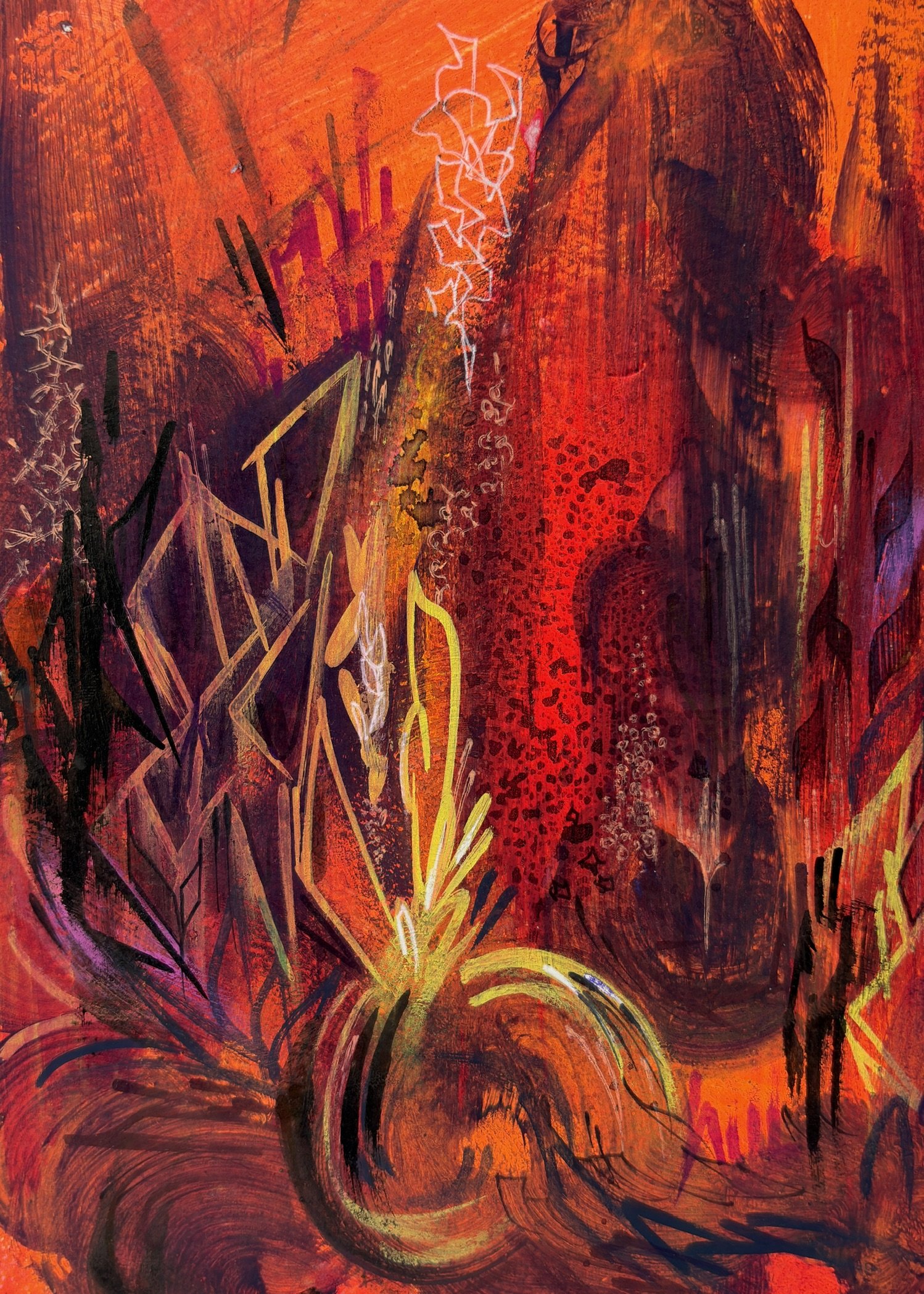 Abstract painting with vibrant reds, oranges, and blacks featuring dynamic lines, splashes of color, and swirling patterns.