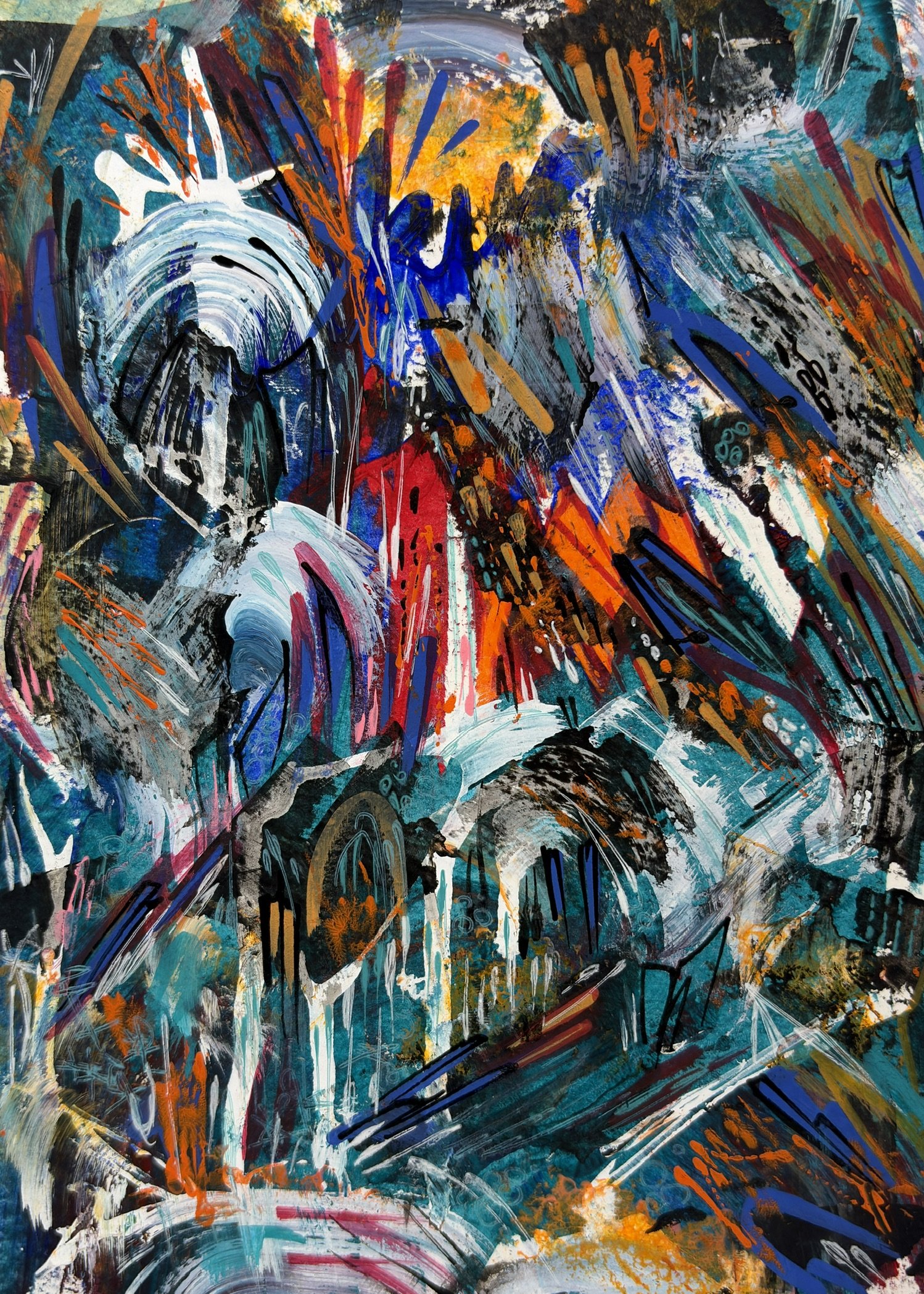 Abstract expressionist painting with vibrant colors, dynamic brushstrokes, and layered textures. Dominant colors include blue, orange, black, white, and hints of pink and yellow, creating a sense of movement and energy.