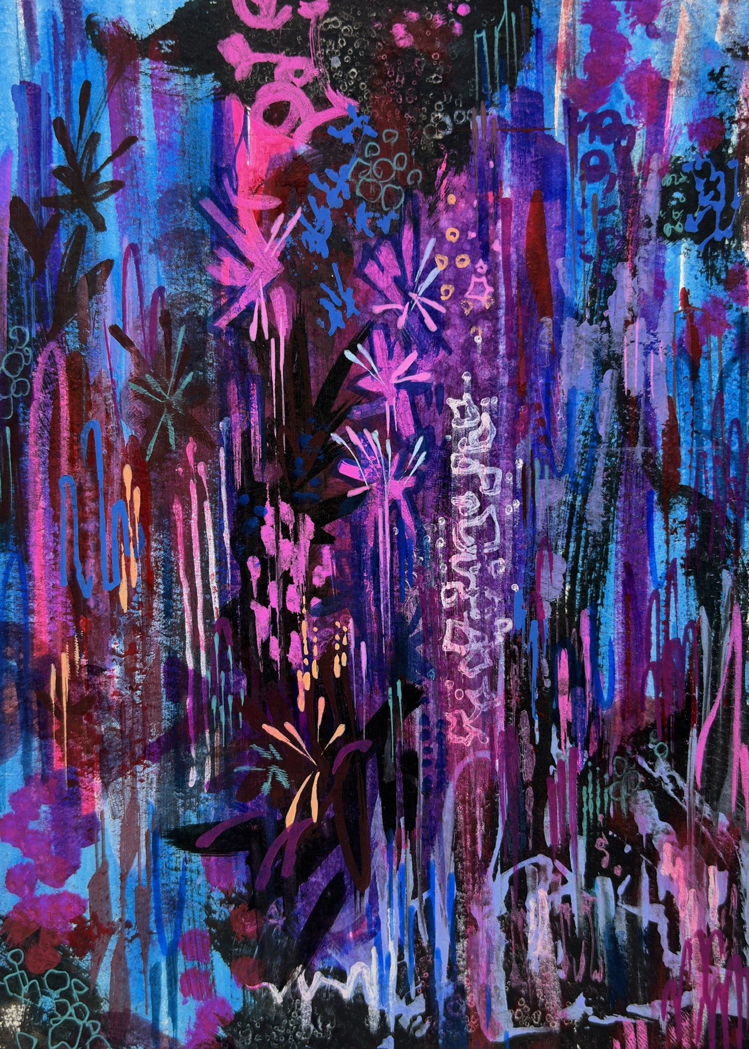 Abstract art featuring vibrant colors including pink, blue, purple, red, and black with various shapes, lines, and dripping paint effects.