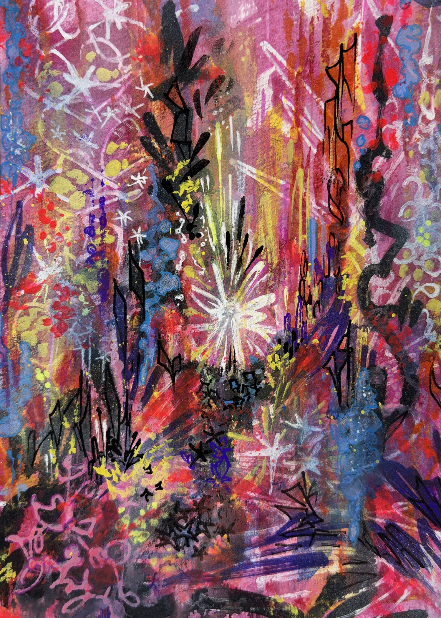 Colorful abstract artwork with splashes of pink, red, yellow, blue, and black, featuring star-like shapes, floral doodles, and random lines.