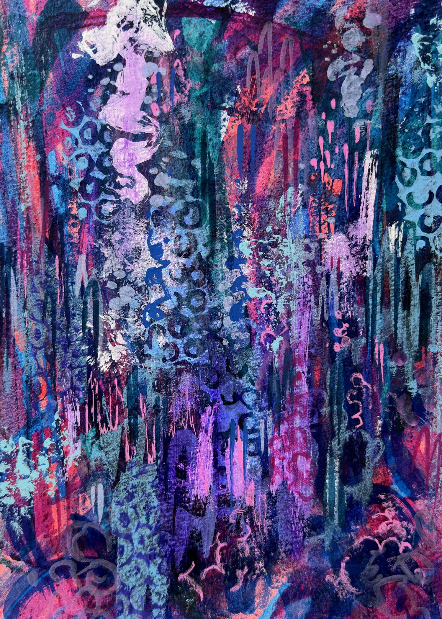 Abstract painting with vibrant colors like pink, purple, blue, and teal. It features dripping paint, layered textures, and various patterns including circles and lines, creating a dynamic, energetic composition.