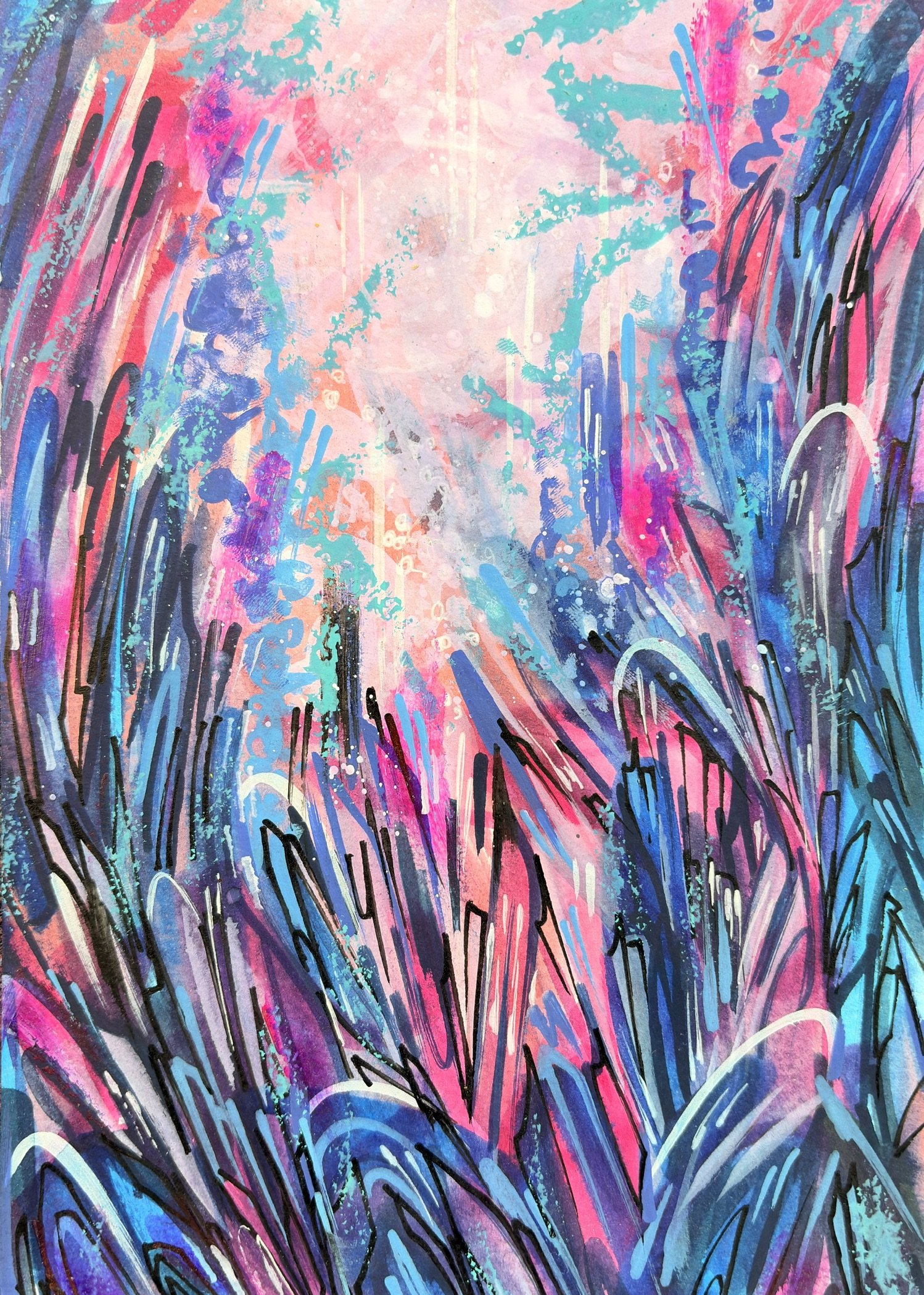 Abstract colorful watercolor painting featuring shades of pink, purple, blue, and teal with black and white accents, and depicting stylized plants or grass in the foreground.