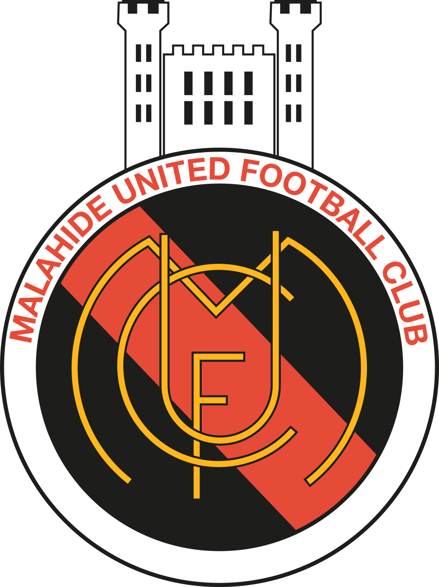 Logo of the Malaga United Football Club with a castle at the top and a football field design in the center, featuring red and black diagonal stripes and the club's name in red text around the edge.