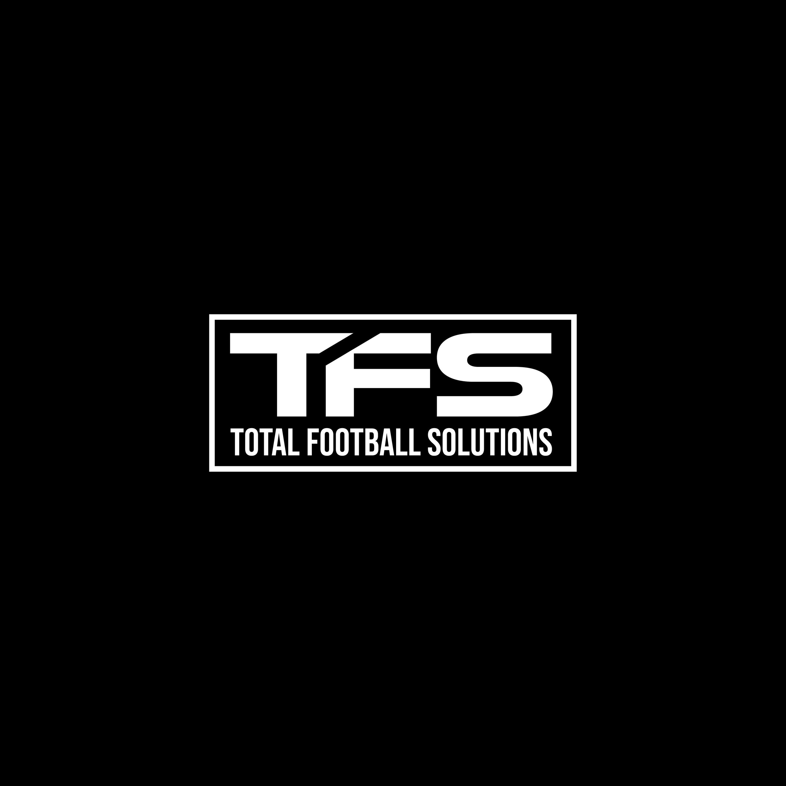 Black background with white rectangular logo in the center featuring the initials 'TFS' and the text 'TOTAL FOOTBALL SOLUTIONS'.
