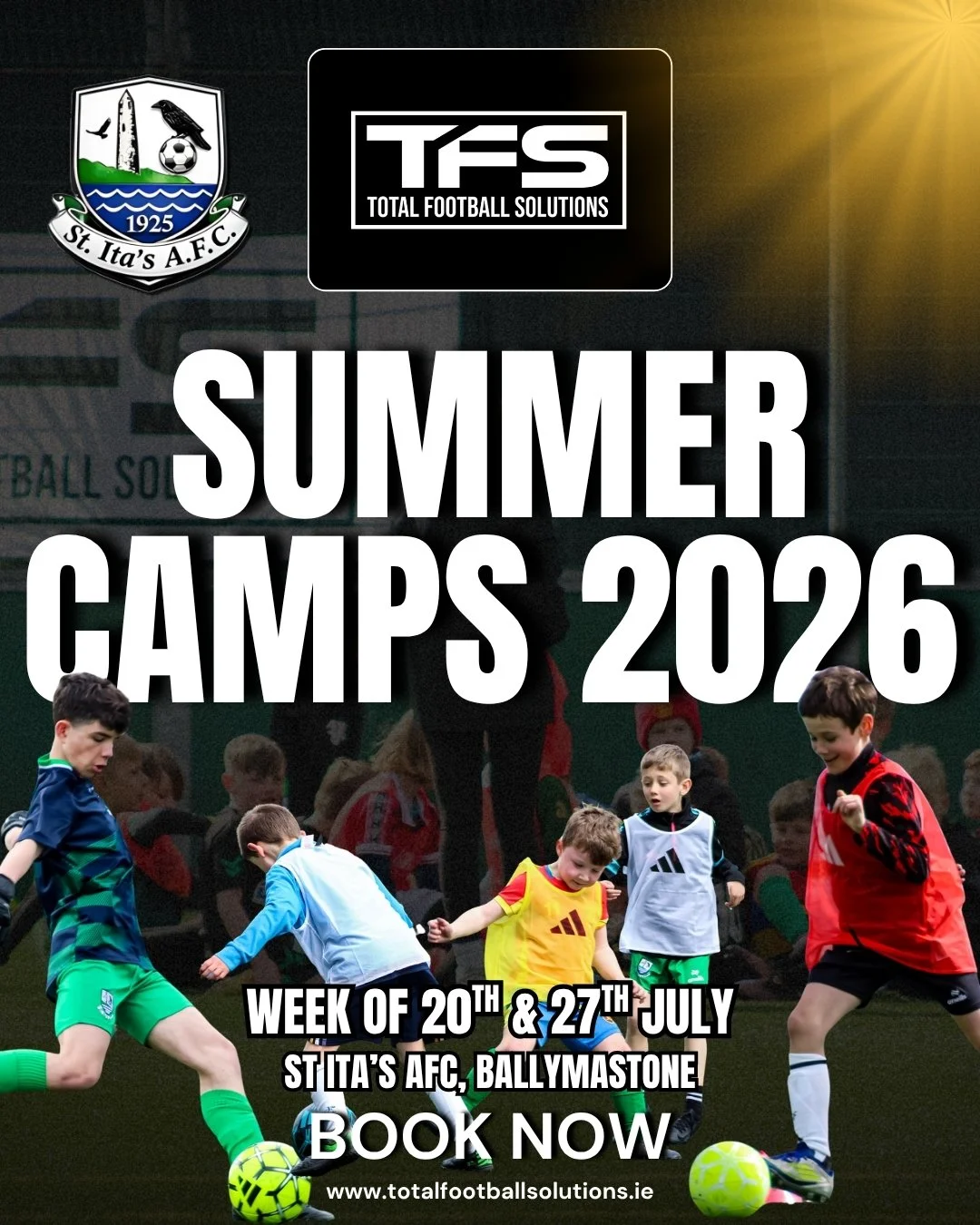 Promotion poster for St. Ita's AFC Summer Camps 2026 featuring children playing soccer at Ballymastone during the week of July 20th and 27th, organized by Total Football Solutions.
