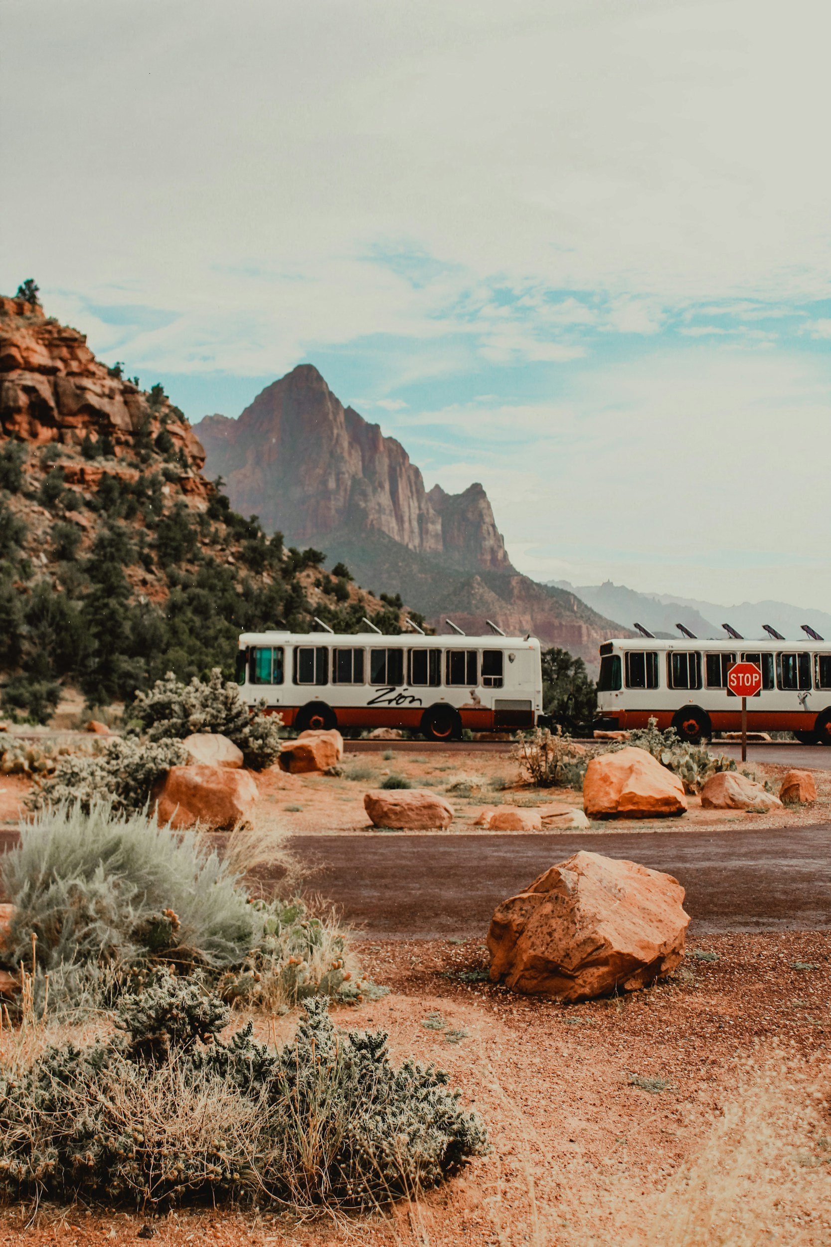 Desert landscape with rocky terrain, desert plants, two trolley buses, a stop sign, and mountains in the background under a cloudy sky.