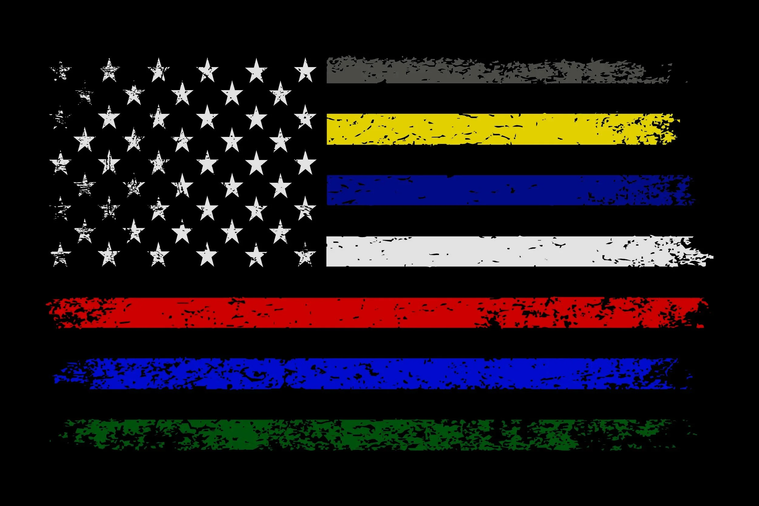 A distressed American flag with black background, featuring white stars and stripes in yellow, blue, white, red, blue, and green colors.