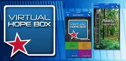 Image of a mobile app called Virtual Hope Box with screens showing different features, including a meditation and relaxation section, and a nature scene with a 'Ready? Tap to Start' prompt.