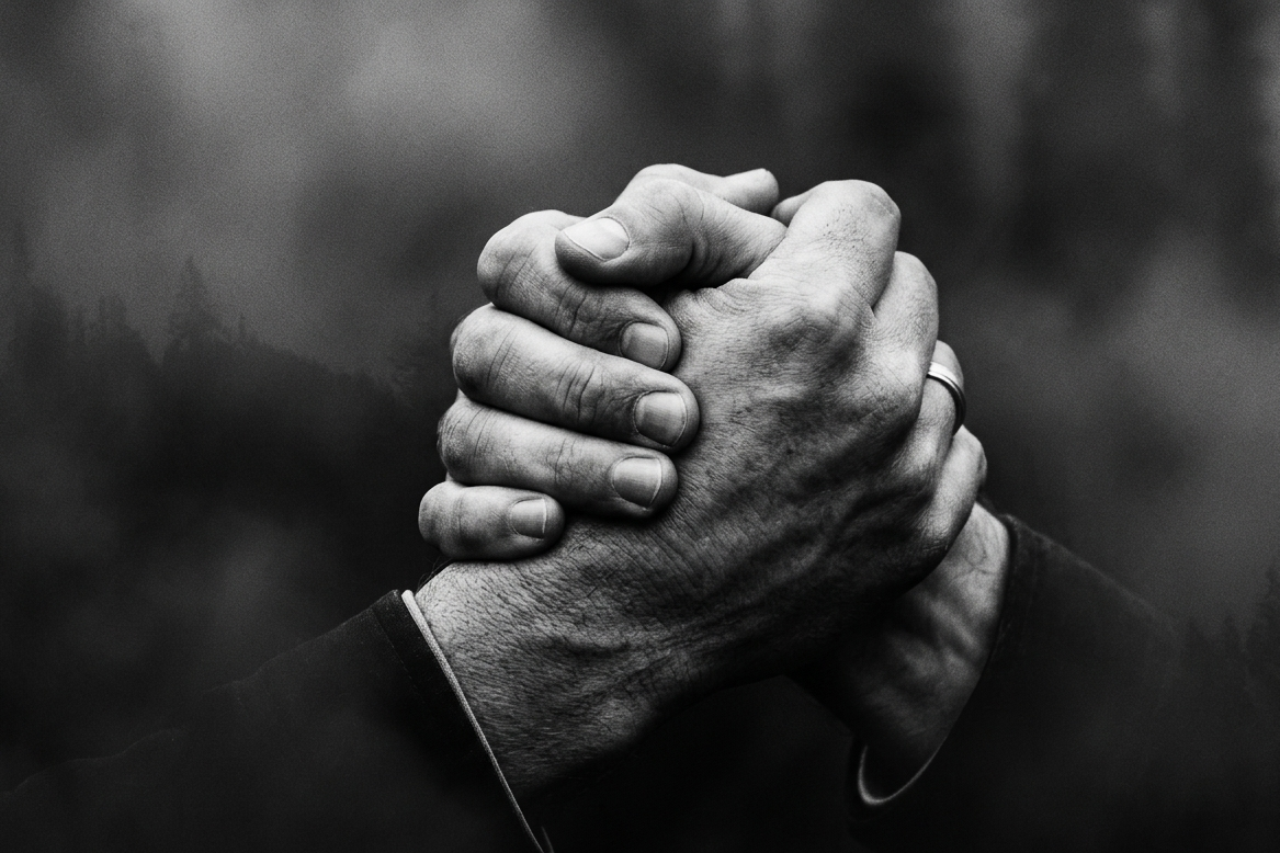 Two hands clasped together in prayer, black and white photo.