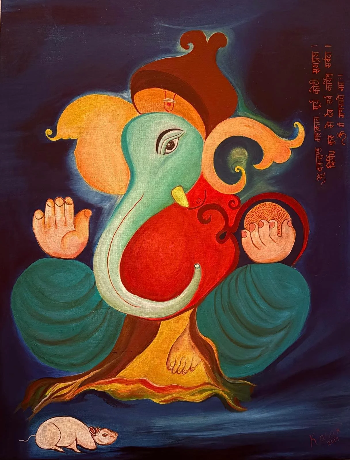 Original large-scale Ganesha painting in vibrant teal and crimson, a meditative visual anchor for home sanctuary, featuring traditional Sanskrit mantra and modern mixed-media textures.