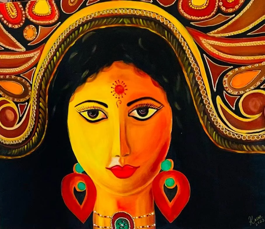 Vibrant traditional Indian folk art painting of a woman with large earrings and a sun symbol on her forehead.