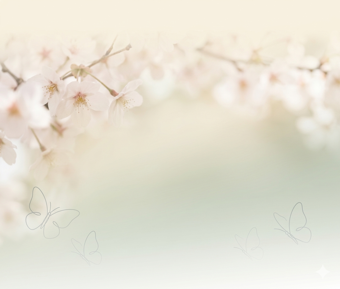 Soft-focus image of cherry blossoms with light pastel background and faint butterfly illustrations.