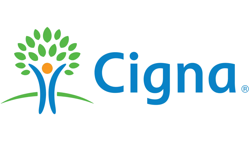 Cigna logo featuring a stylized tree with green leaves, blue trunk, and orange dot, next to the word "Cigna" in blue text.