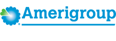 Amerigroup logo with blue text and a cloud shape with green and white accents