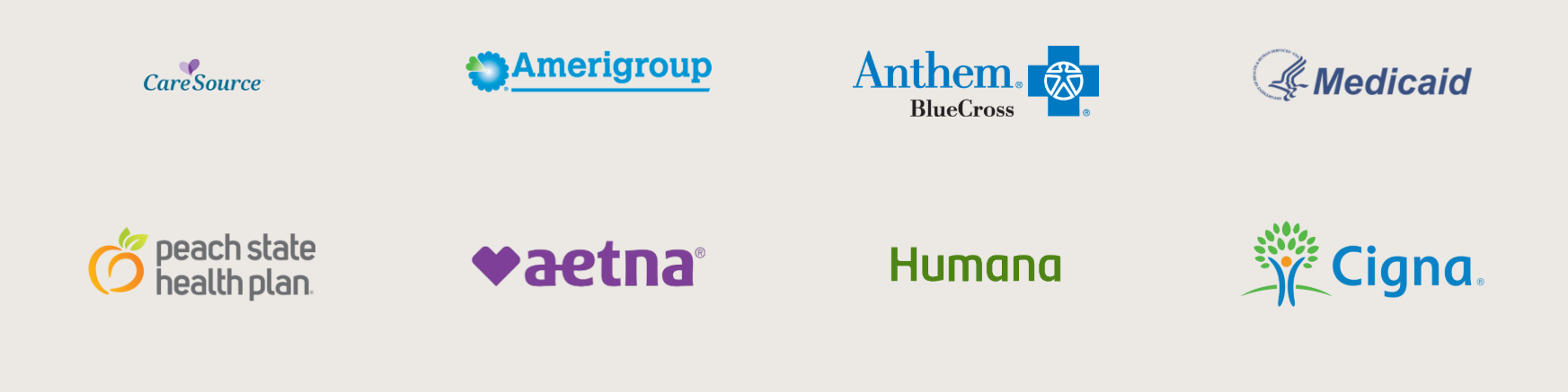 Logos of various healthcare and insurance companies, including CareSource, Amerigroup, Anthem Blue Cross, Medicaid, Peach State Health Plan, Aetna, Humana, and Cigna.