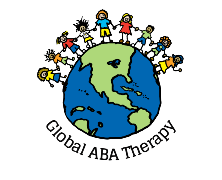 Children of diverse ethnicities holding hands around a globe with the text "Global ABA Therapy" below.