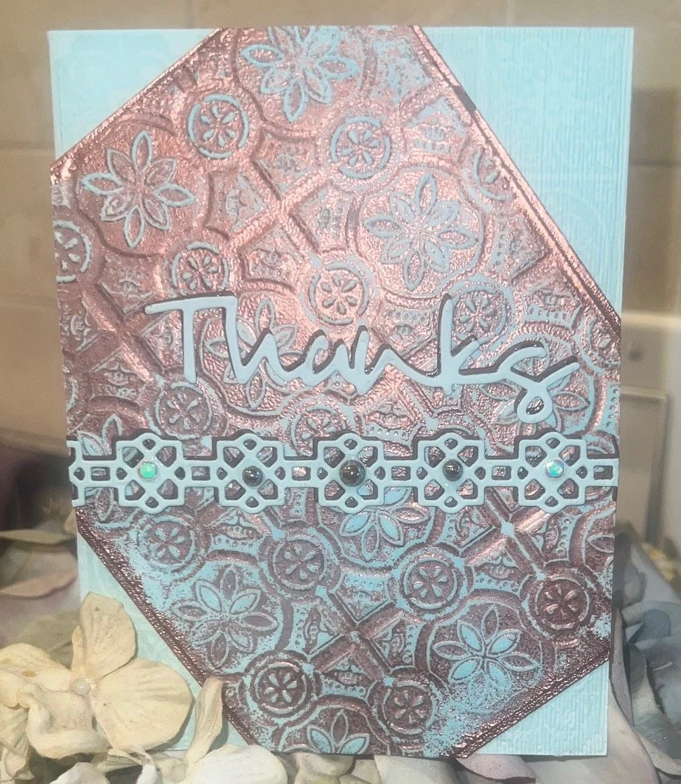 Thank You card on a faux patina panel