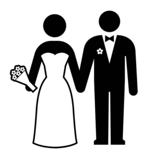 Silhouette of a bride and groom holding hands, with the bride holding a bouquet of flowers.