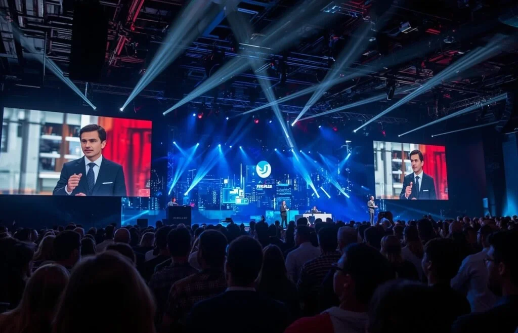 A large audience attending a conference or event with a stage featuring multiple screens showing a man in a suit giving a presentation, surrounded by blue stage lights and visual effects.