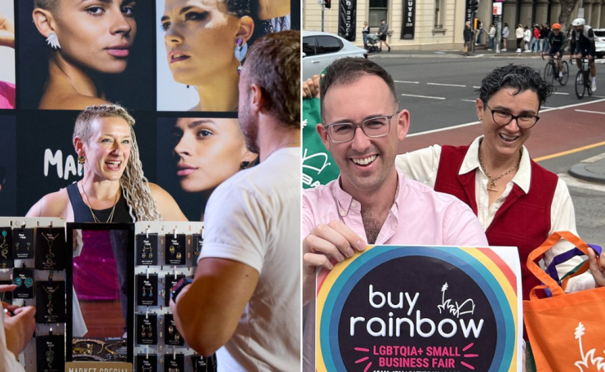 A split image showing a jewelry vendor at an indoor market on the left and two people at an outdoor LGBTQ+ business fair on the right, holding a sign that says 'buy rainbow' and smiling.