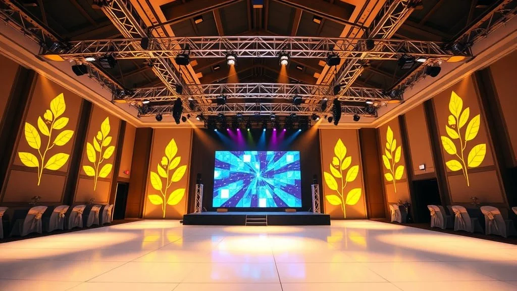 Empty event ballroom with yellow leaf-shaped wall projections, large LED screen on stage, and lighting equipment hanging from the ceiling.