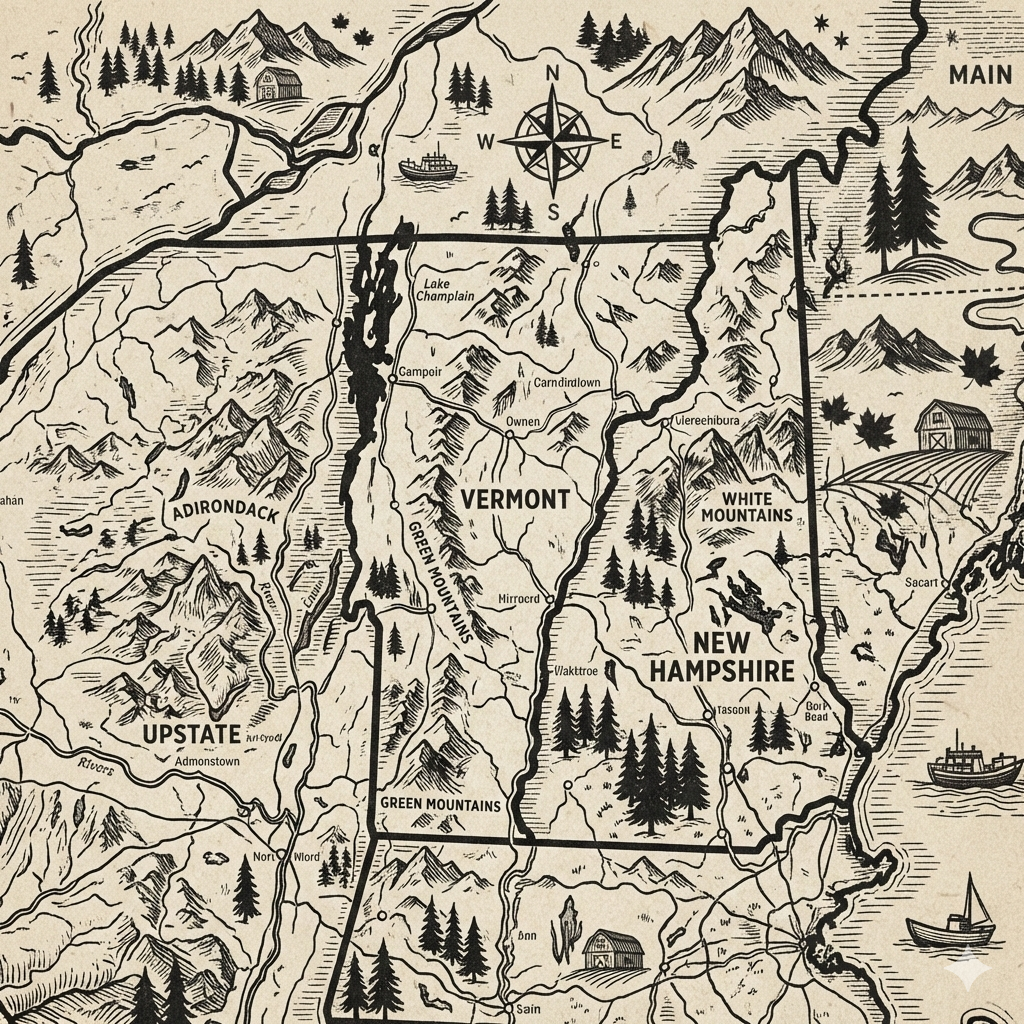 A vintage map of Vermont showing its mountains, lakes, rivers, and neighboring states, with towns and landmarks labeled.