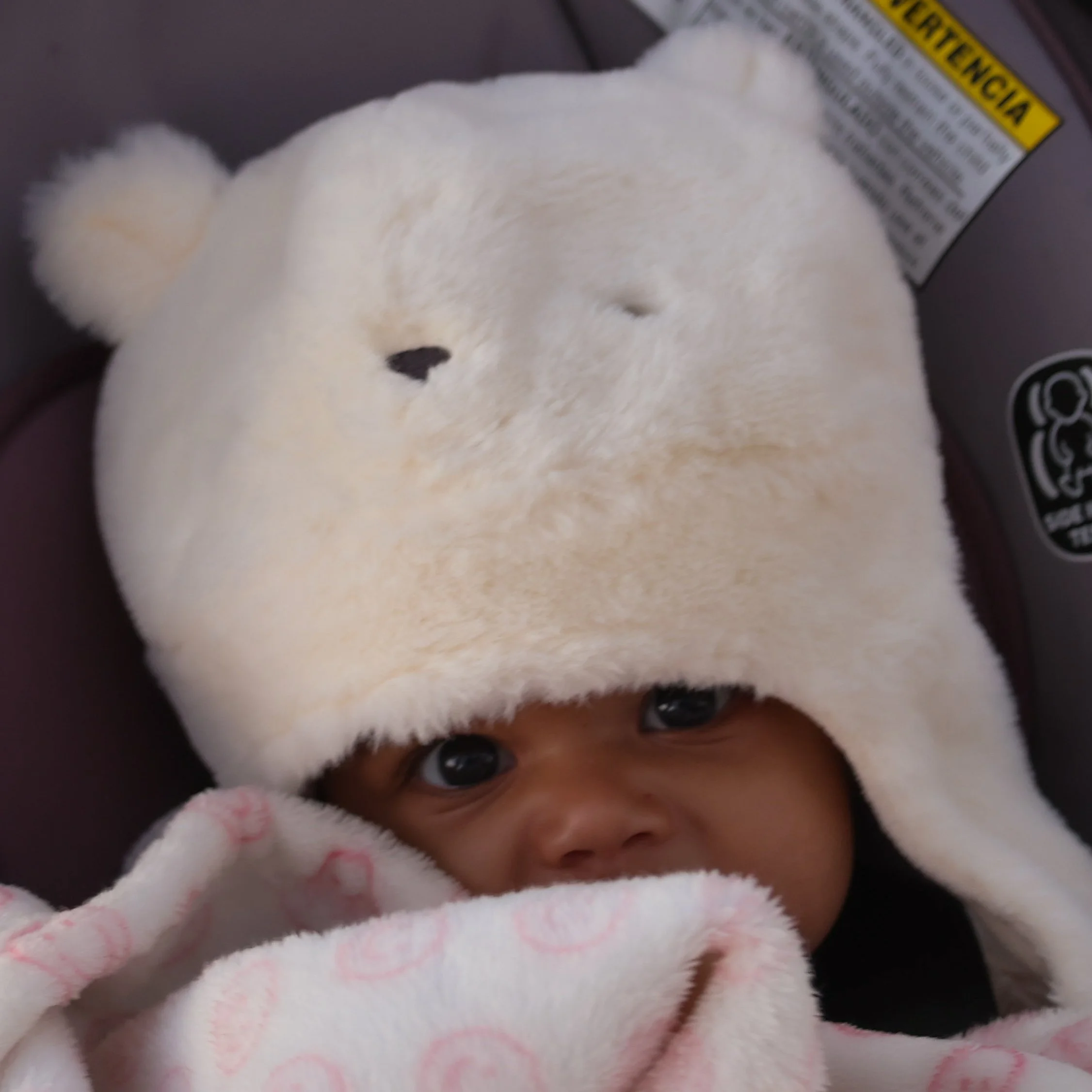 A baby wearing a white bear hat with facial features and ears, wrapped in a pink and white blanket, lying in a car seat.