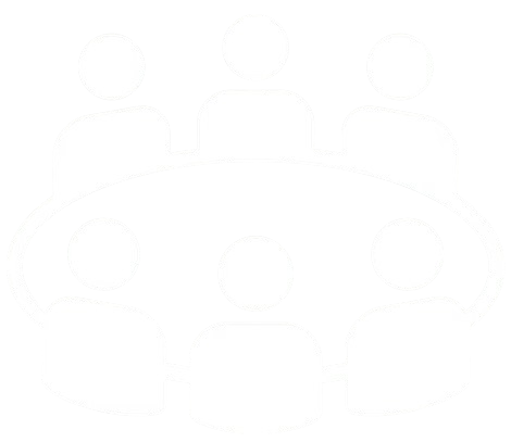 Silhouette of eight people sitting around a circular table.