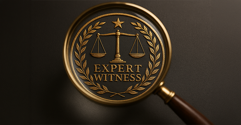 Magnifying glass with a gold emblem displaying scales, a star, and the words 'Expert Witness' surrounded by a laurel wreath.