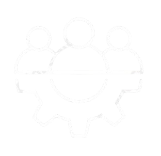 Icon of three people behind a gear, representing teamwork or settings.