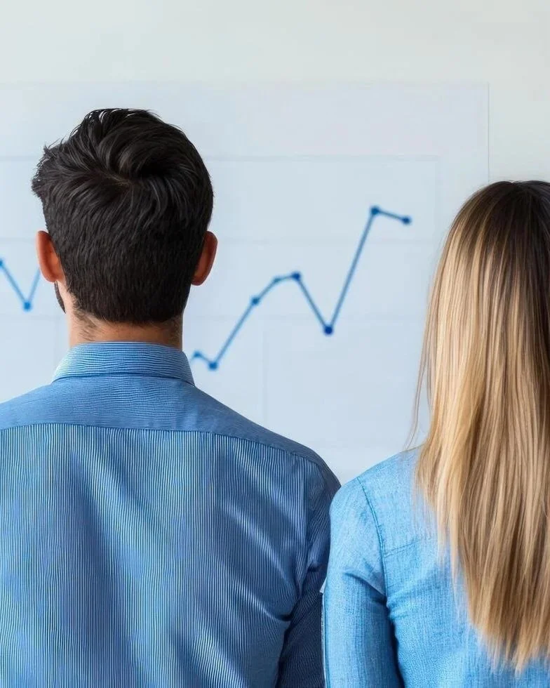 Two people, a man and a woman, viewed from behind, looking at a line graph on a whiteboard.