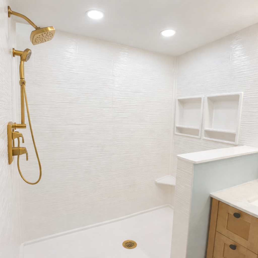 A modern walk-in shower with gold fixtures, including a showerhead and a handheld shower, white textured wall tiles, two built-in wall niches for toiletries, a white shower caddy, and a partial view of a bathroom vanity with wooden drawers.