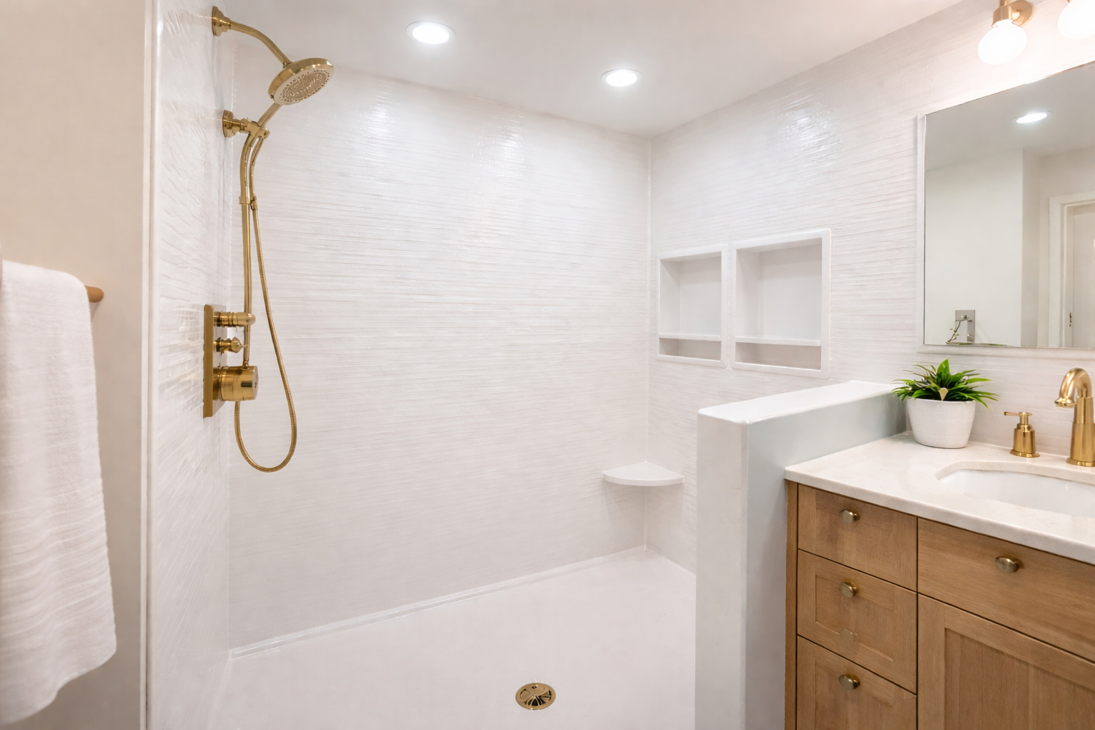 A clean, modern bathroom with a walk-in shower, gold fixtures, a wooden vanity with a white countertop, a potted plant, and a mirror.